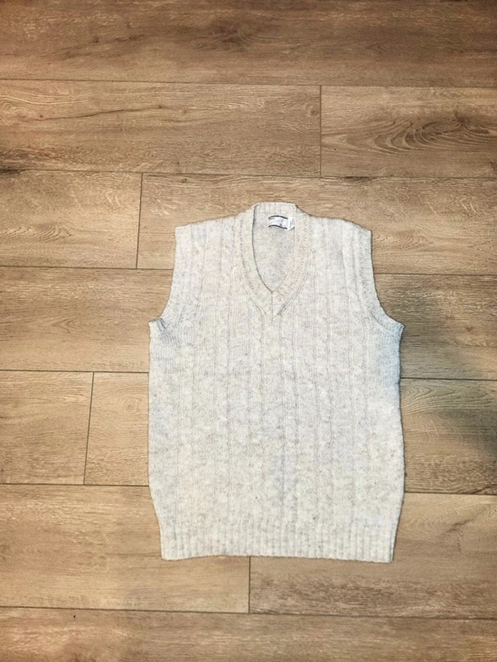 Vintage Y2K Sears Light Khaki Cable-Knit V-Veck Sweater Vest 70% Wool Men Tall L